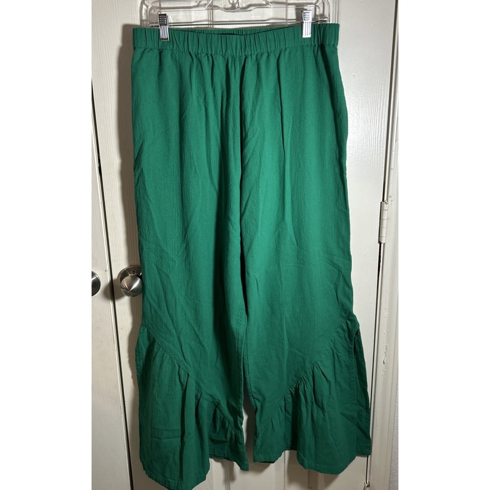 Soft Surroundings Pants Green Ruffle Bottom Pull On 100% Cotton Womens M